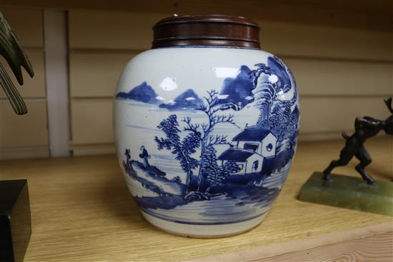 A Chinese blue and white ovoid jar, 18th century, total height 23.5cm including pierced wood cover